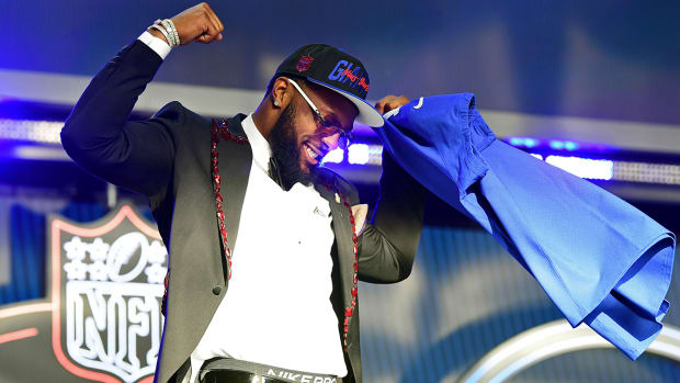 Oregon defensive end Kayvon Thibodeaux reacts after being selected with the No. 5 pick by the Giants during the 2022 NFL draft.